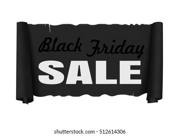 Black Friday - inscription on scroll ribbon. Antique papyrus with inscription - Black Friday. Vintage black banner isolated on white background. Vector illustration
