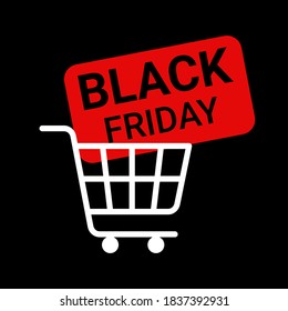 Black Friday inscription text tag design template with shopping cart. Black Friday sale banner. Vector illustration on black backgroung