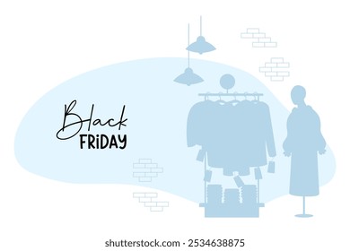 Black Friday. Interior of store with rack of clothes and price tags and female mannequin in dress. Silhouette drawing. Vector illustration. Holiday purchase concept