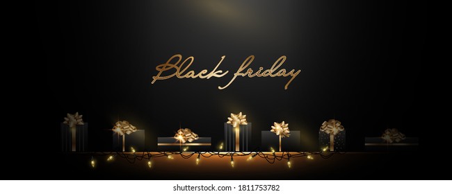 Black Friday invitation poster banner and card design template.Gold letters on the banner. Modern design with gold and black gifts on the background .A brilliant greeting on a dark background.