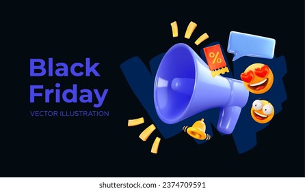 Black Friday. Isolated megaphone on a black background. Banner super sale, discounts. Sales announcement. In 3D style. Vector illustration