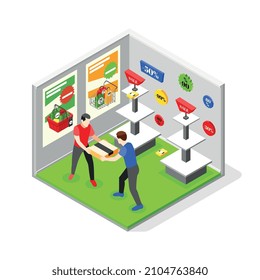 Ilustración vectorial isométrica del viernes negro con dos hombres luchando por caja de compra en la tienda con estantes vacíos