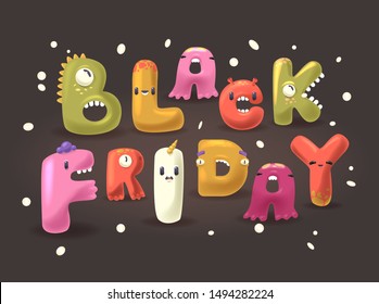 Black Friday. Kawaii letters with eyes for invitation card. 3D friendly handcrafted text on a dark background