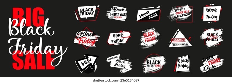 Etiquetas de Black Friday para descuento, venta, promoción, compra. Etiquetas de venta tipográfica vintage del viernes negro. Colección de banderas del viernes negro