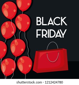 black friday label with bag shopping and balloons air