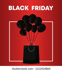 black friday label with bag shopping and balloons air