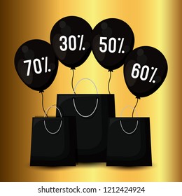 black friday label with bags shopping and balloons air