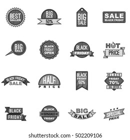 Black Friday label icons set. Gray monochrome illustration of 16 Black Friday vector icons for web