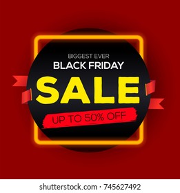 Black Friday label with neon light frame for sale and discount.