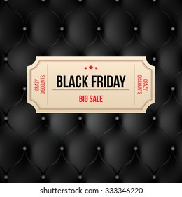 Black friday label on leather background. Big sale crazy discounts coupon.