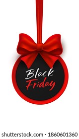 Etiqueta del Viernes Negro con arco rojo. Ilustración del vector