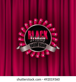 Black friday label with ribbon on red drapery background for design, marketing, promotion, poster, flyer, web, card, invitation. Holiday sticker, badge with discount, total sale. Illustration EPS 10