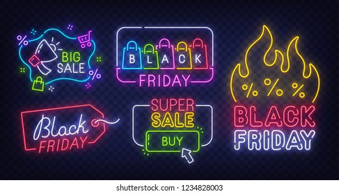 Black Friday label. Set of isolated neon sign for Black Friday. Neon logos on transparent background. Vector illustration