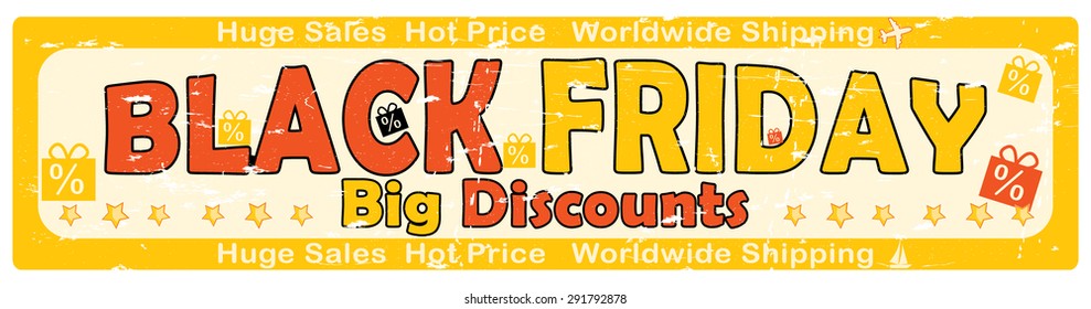 Black Friday label / sticker for print. Black Friday / Big Discounts label in red and yellow colors. Huge sales, hot price, worldwide shipping. Print colors used.