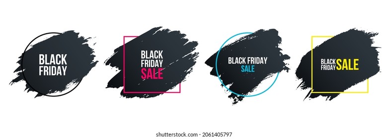 Etiquetas del Viernes Negro. Pinceles de pincel con marco de círculo y cuadrado para la compra del Viernes Negro, promoción de la venta y publicidad. Ilustración vectorial.