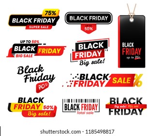 Black friday labels. Sale sticker for thanksgiving fridays sales, shopping tag shopper stickers, online cyber market shoppers label advertising designs. 2018 vector isolated icons set