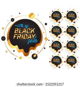 Black Friday labels set in black and gold gradients. From 10 to 90 percent off stickers. Bright golden design isolated on white background. Shopping event advertising. Seasonal marketing campaign.
