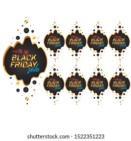 Black Friday labels set in black and gold gradients. From 10 to 90 percent off stickers. Bright golden design isolated on white background. Shopping event advertising. Seasonal marketing campaign.