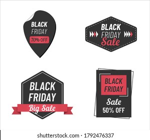 Black friday labels and stickers vector illustration. Black friday promo advertising color vector illustration for annual black friday discounts in shops and online stores