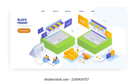 Black friday, landing page design, website banner vector template. Online store. Sales and discounts, e-commerce.