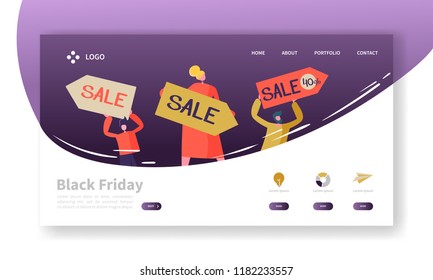 Black Friday Landing Page Template. Seasonal Discount Website Layout with Flat People Characters on Shopping. Easy to Edit and Customize Mobile Web Site. Vector illustration