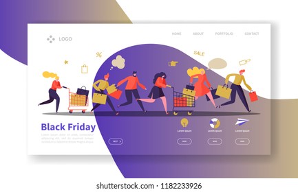 Black Friday Landing Page Template. Seasonal Discount Website Layout with Flat People Characters with Shopping Bags. Easy to Edit and Customize Mobile Web Site. Vector illustration