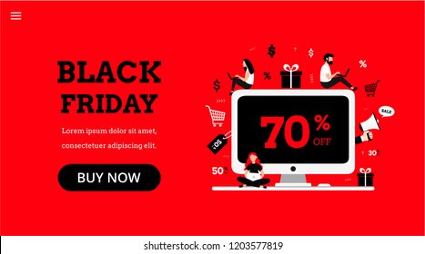 Black friday. Landing page template. Modern flat concept for web design with desktop computer and people. Sale. Online shopping. 