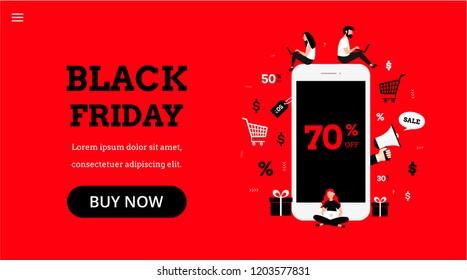 Black friday. Landing page template. Modern flat concept for web design with smartphone and people. Sale. Online shopping. 