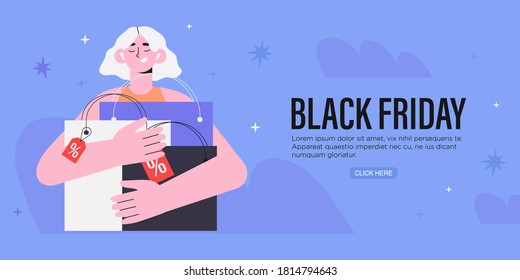 Black Friday landing page template. Seasonal discount website layout with female character holding shopping bags. Black friday sale banner, flyer, advertisement with people. Vector illustration.