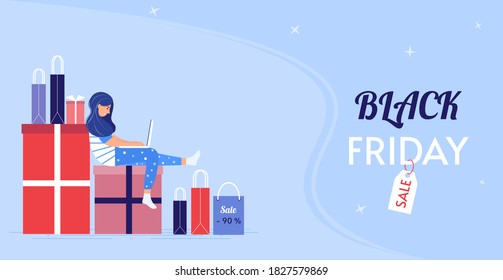 Plantilla de la página de aterrizaje del viernes negro. Descuentos de temporada. El personaje femenino está sentado en compras con un portátil. Concepto de compras en línea. Banner web, fondo, volante. Ilustración vectorial.