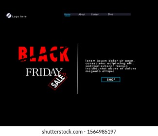 Black Friday landing web page along with black and red banner sale and shop button. Flat vector icon Typography website page template