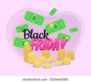 Letras de Black Friday con billetes y monedas de oro. Texto manuscrito y mecanografiado, caligrafía. Venta, compras, finanzas, concepto de dinero. La Ilustración vectorial se puede utilizar para el diseño del cartel o del Anuncio