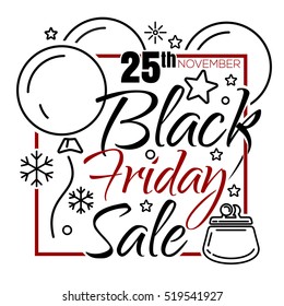 Black Friday lettering design. 25 November. Square frame and typographic design. Vector black and red lettering. Black Friday lettering card. Vector illustration
