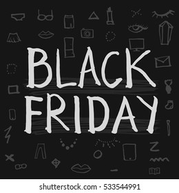 Black Friday lettering with design elements shop. Hand drawn graphics. Doodles