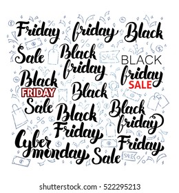 Black Friday Lettering with Doodles. Vector Illustration of Shopping Sale Calligraphy over White with Silver Doodles.