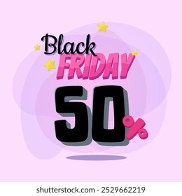 Black Friday lettering and fifty percent discount. Stars on abstract background. Sale, shopping, advertising concept. Vector illustration can be used for poster or banner design