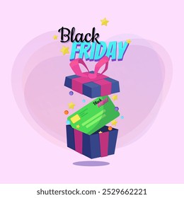 Letras de Black Friday y caja de regalo con tarjeta de crédito en el interior. Texto manuscrito y mecanografiado, caligrafía. Venta, compras, bono, concepto de publicidad. La Ilustración vectorial se puede utilizar para el diseño del Anuncio