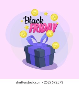 Letras de Black Friday con caja de regalo y monedas de oro. Texto manuscrito y mecanografiado, caligrafía. Venta, compras, finanzas, concepto de publicidad. La Ilustración vectorial se puede utilizar para el diseño del cartel o del Anuncio