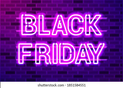 BLACK FRIDAY lettering glowing neon lamp sign. Realistic vector illustration. Purple brick wall, violet glow, metal holders.