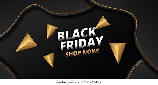 Black friday lettering, gold triangle around on black background. Can be used as poster or template design.