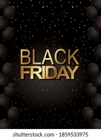 black friday lettering golden with balloons helium vector illustration design