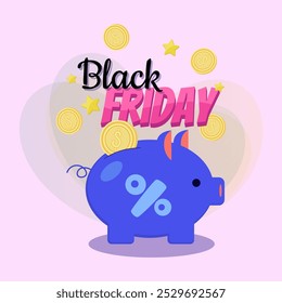 Letras de Black Friday con enorme hucha y monedas de oro. Texto manuscrito y mecanografiado, caligrafía. Venta, compras, finanzas, concepto de publicidad. La Ilustración vectorial se puede utilizar para el diseño del Anuncio