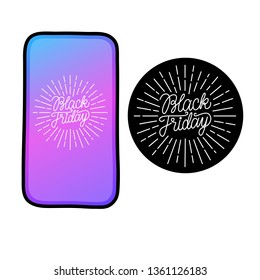 Black Friday lettering linear thin inscription with rays in new phone. Sale banner. Vector illustration isolated on white background.