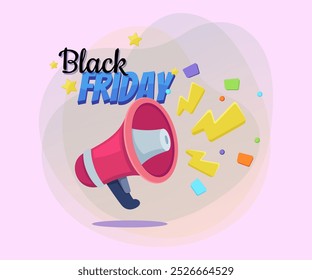 Letras de Black Friday con megáfono y estrellas. Texto manuscrito y mecanografiado, caligrafía. Venta, compras, concepto de promoción. La Ilustración vectorial se puede utilizar para el diseño del cartel o del Anuncio