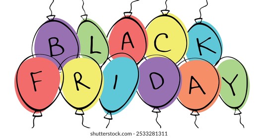 Black friday - lettering on balloons. Hand drawn vector bright illustration in doodle flat style. Theme of shopping, discounts, sales for advertising, marketplaces, leaflets, shops