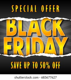 Black friday lettering on dark background with torn paper decoration