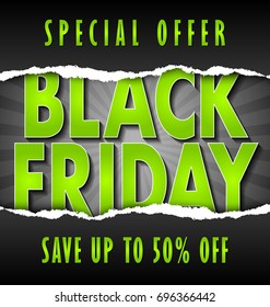 Black friday lettering on dark background with torn paper decoration