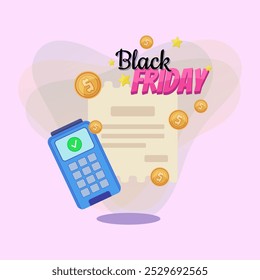 Letras de Black Friday con terminal POS, cheque y monedas. Texto manuscrito y mecanografiado, caligrafía. Venta, compras, finanzas, concepto de publicidad. La Ilustración vectorial se puede utilizar para el diseño del Anuncio