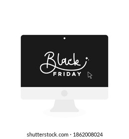 Black Friday lettering in screen desktop and mouse pointer. Concept of online shopping, web purchases, digital business. Vector illustration, flat design
