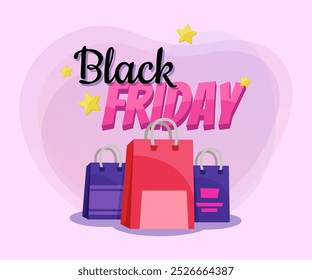 Letras de Black Friday con bolsas de compras. Texto manuscrito y mecanografiado, caligrafía. Venta, compras, concepto de publicidad. La Ilustración vectorial se puede utilizar para el diseño del cartel o del Anuncio